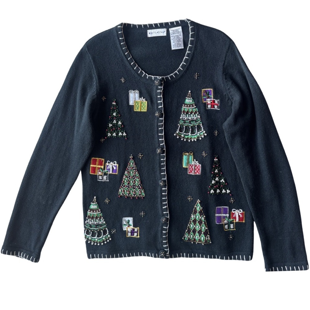 Vintage 90s Beaded Christmas Tree Cardigan Ugly Sweater L 10-12 knit holiday - Picture 2 of 7